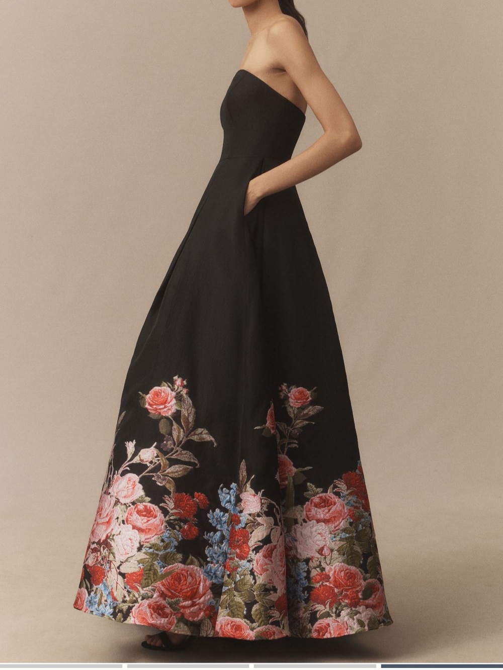 Strapless Black Floral Embroidered Evening Gown